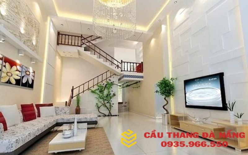 Mẫu cầu thang hiện đại sử dụng lan can và tay vịn được làm bằng gỗ