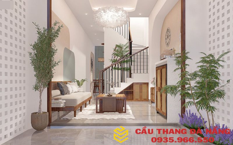 Mẫu cầu thang được thiết kế tay vịn và lan can được làm bằng gỗ