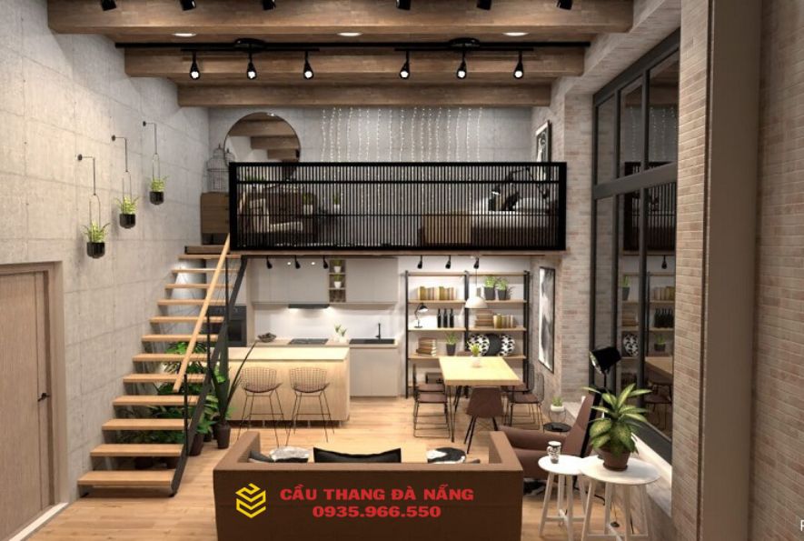 Cầu thang gác lửng bằng gỗ là điểm nhấn khác biệt cho không gian